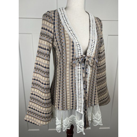 Ryu Anthropologie Boho Knit Cardigan Sweater Lace Trim Tie Front Bell Sleeve Med - Picture 7 of 10